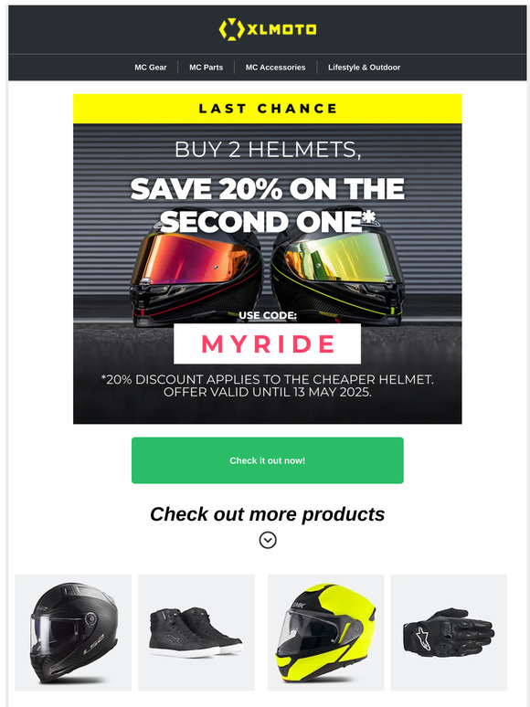 Final day to save 20% on helmets