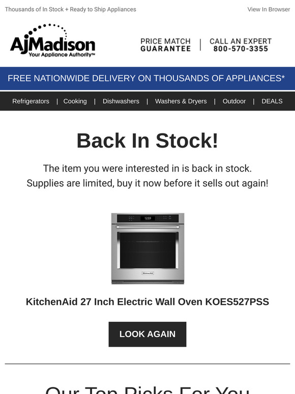 Back in stock! KitchenAid 27 Inch Electric Wall Oven KOES527PSS