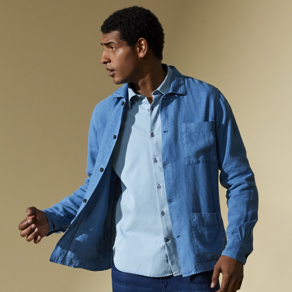 rauceby mid blue styles with light blue shirt and denim jeans