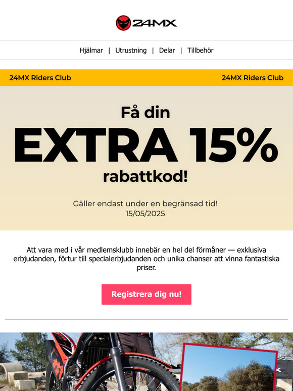 Få 15% rabatt - Gå med i 24MX Riders Club