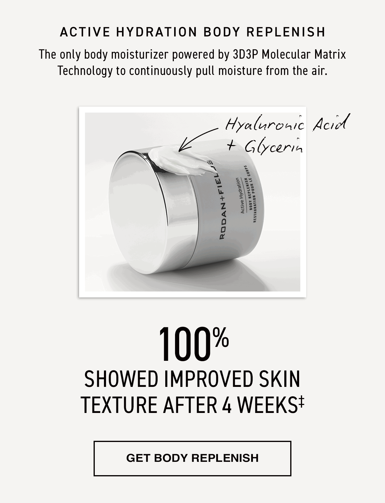 Active Hydration Body Replenish. The only body moisturizer powered by 3D3P Molecular Matrix Technology to continuously pull moisture from the air. Hyaluronic acid + glycerin. 100% showed improved skin texture after 4 weeks. Get body replenish.