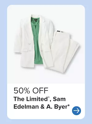 A white cardigan and pants with a green shirt. 50% off The Limited, Sam Edelman and A Byer.