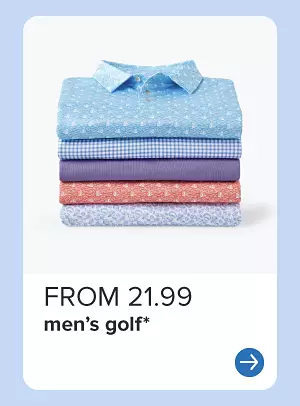 A stack of folded men's golf shirts. From 21.99 men's golf.
