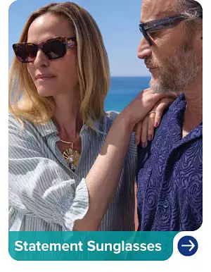 An image of a man and woman wearing sunglasses. Statement sunglasses.