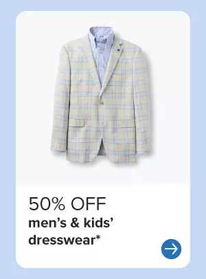 A men's plaid sport coat. 50% off men's and kids' dresswear.
