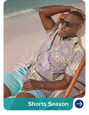 An image of a man wearing a button front shirt and blue shorts. Shorts season.