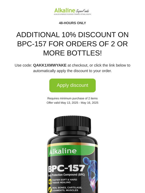 Alkaline Superfoods: Additional 10% Discount on BPC-157 (48-Hours Only)