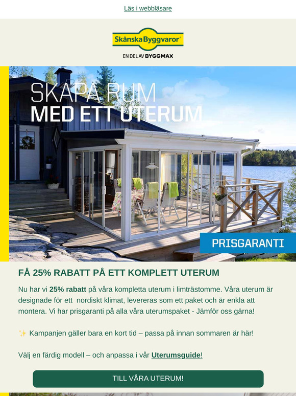 🌞 Tvåveckorskampanj med 25% rabatt på uterum, 20% på växthus och 15% på pergola med mera... ️💥