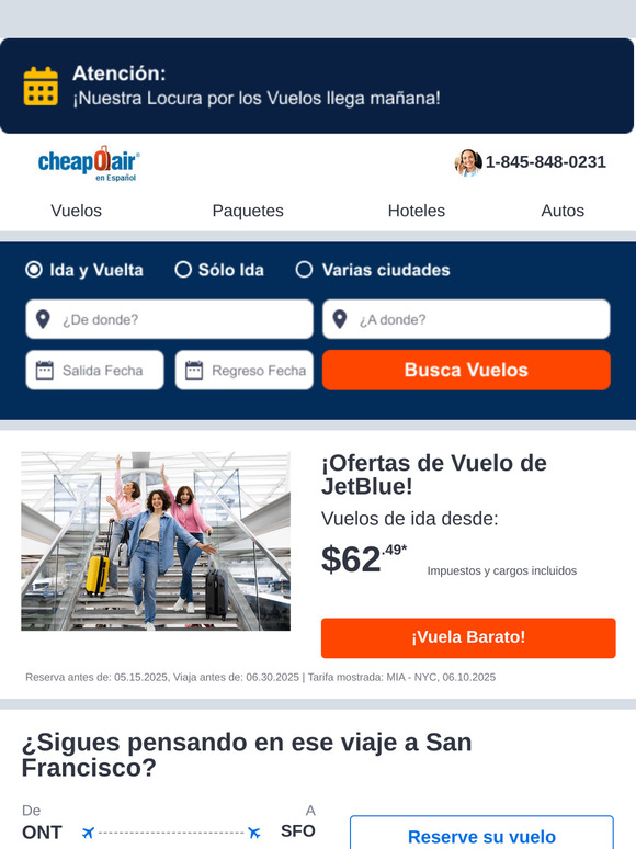 ✈ ¡Ofertas de Vuelo de JetBlue! Vuelos de Ida desde $62.49