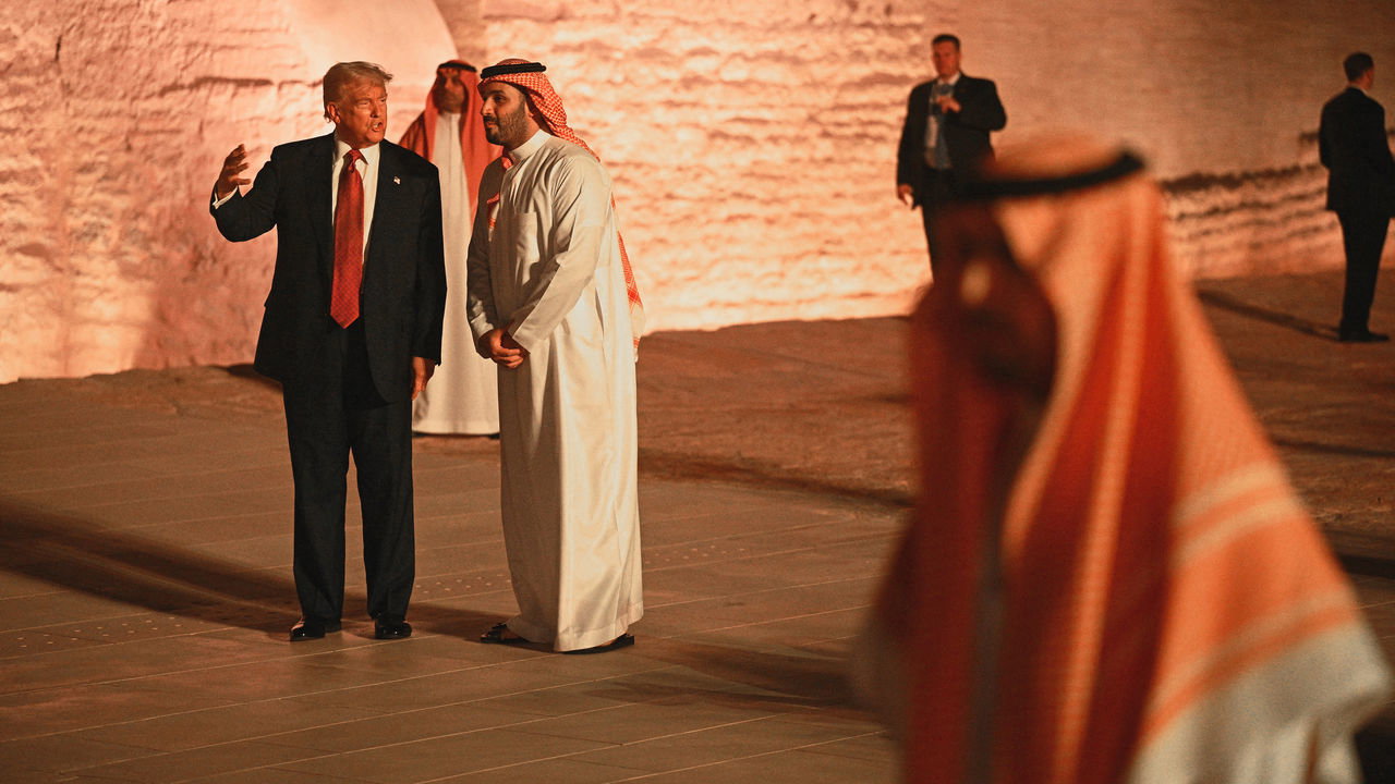 US President Donald Trump and Saudi Crown Prince Mohammed bin Salman arrive for a visit in the old district of Diriyah, Riyadh, Saudi Arabia
