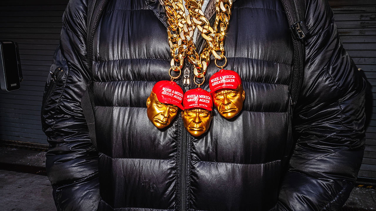 A Trump supporter wearing MAGA necklaces at the inauguration of Donald Trump