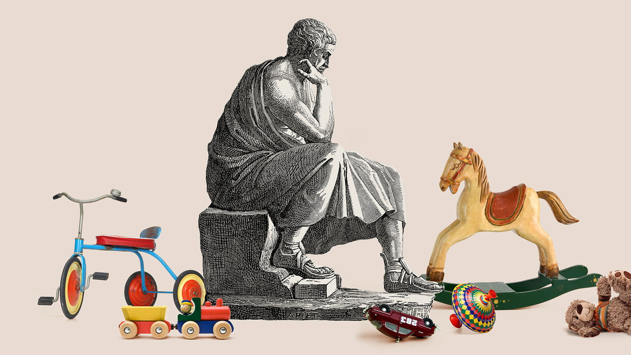 An illustration showing an etching of Aristotle sitting down leaning his elbow on his knee and holding his head against his hand surrounded by vintage children's toys.