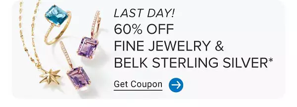 A star necklace, purple gemstone earrings and a blue gemstone ring. 60% off fine jewelry and Belk Sterling Silver. Get coupon.