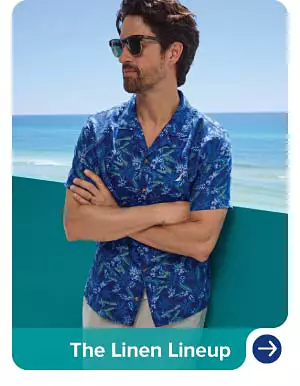 An image of a man wearing a blue button front shirt. The linen lineup.