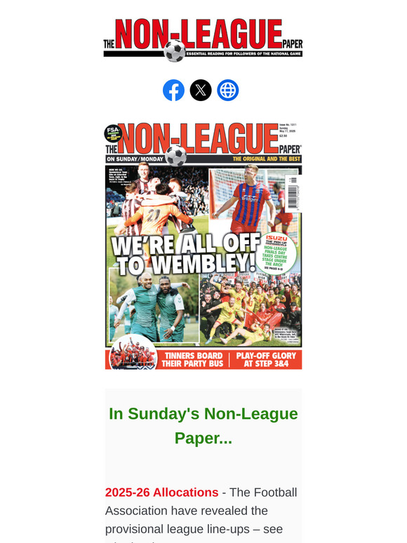 IN SUNDAY'S NLP PAPER > The FA reveals the 2025/26 provisional league lineups / National Game Awards / Reaction from Aldershot Town's Isuzu FA Trophy triumph / Hear from Whitstable Town after their Isuzu FA Vase win