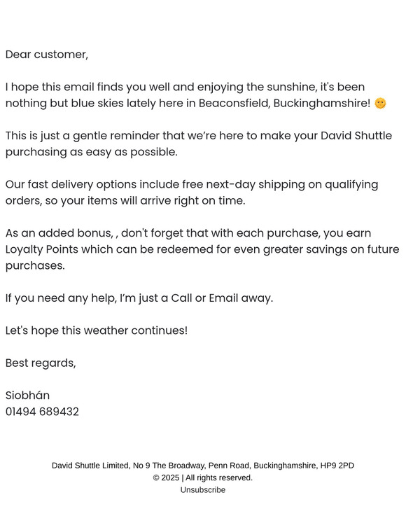 Dear customer, From Siobhán