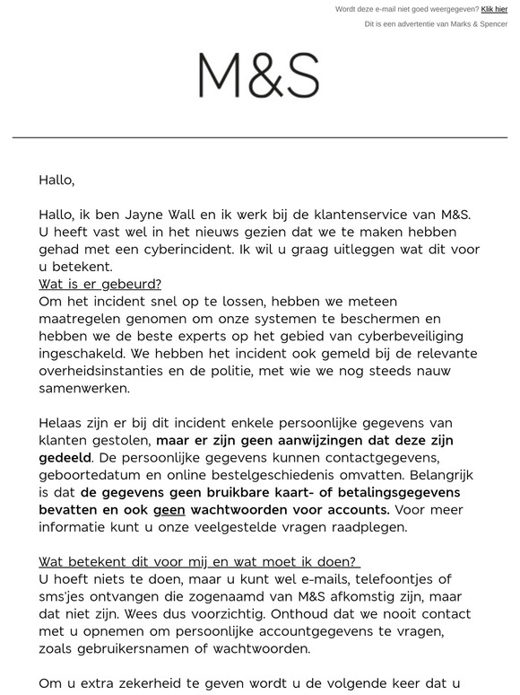 Een update van M&S over het recente cyberincident