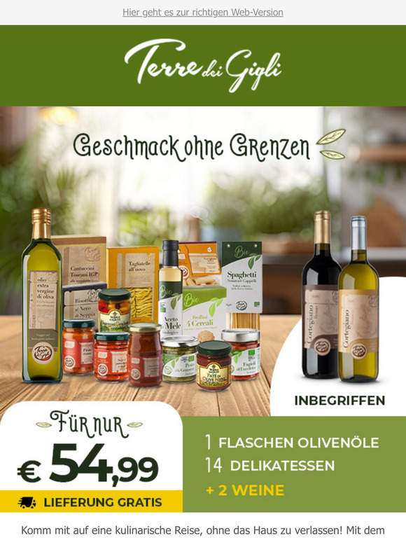 1 Olivenöl, 14 Spezialitäten und 2 Weine für nur 54,99€ 🍃 - Lieferung gratis