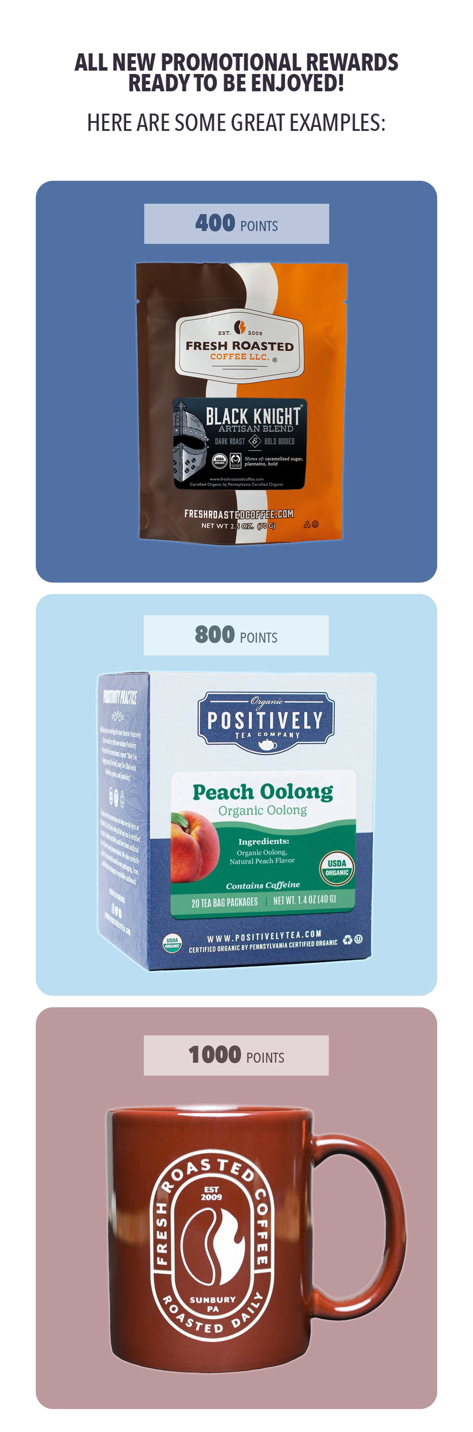 All new promotional rewards ready to be enjoyed! Here are some great examples: Black Knight Artisan Blend 400 points. Peach Oolong tea bags 800 points. FRC brown mug 1000 points.