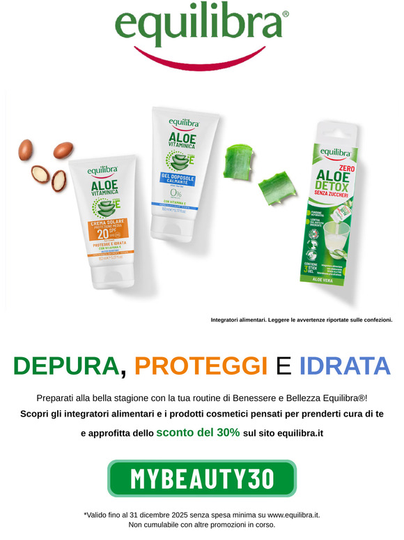 Proteggi e Idrata la tua pelle e depura il tuo organismo con Equilibra! Per te uno sconto esclusivo del 30%
