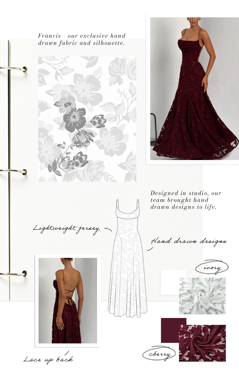 Design Details | Francis Maxi Dress - Ivory | Francis Maxi Dress - Cherry Lacquer