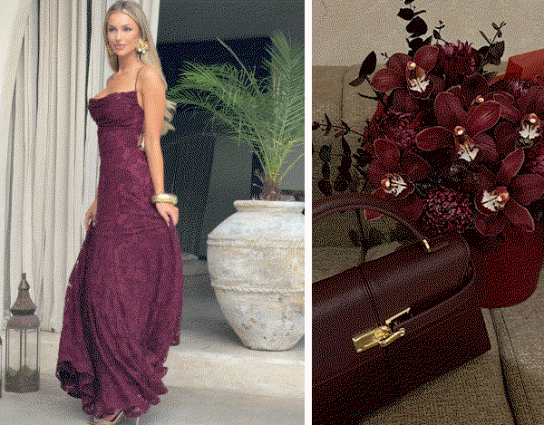 Francis Maxi Dress - Cherry Lacquer | Stylish Bag and Flowers in Cherry Lacquer