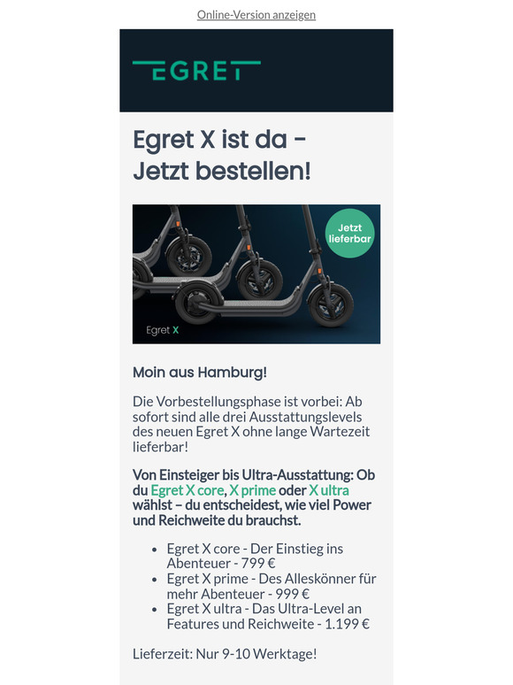 Jetzt lieferbar: Egret X in 3 Ausstattungslevels