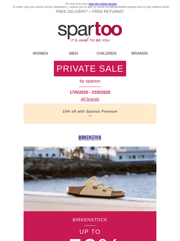 ✨7 days of madness! Up to 50% off BIRKENSTOCK, Primigi, El Naturalista, Unisa and Emporio Armani EA7 with free delivery