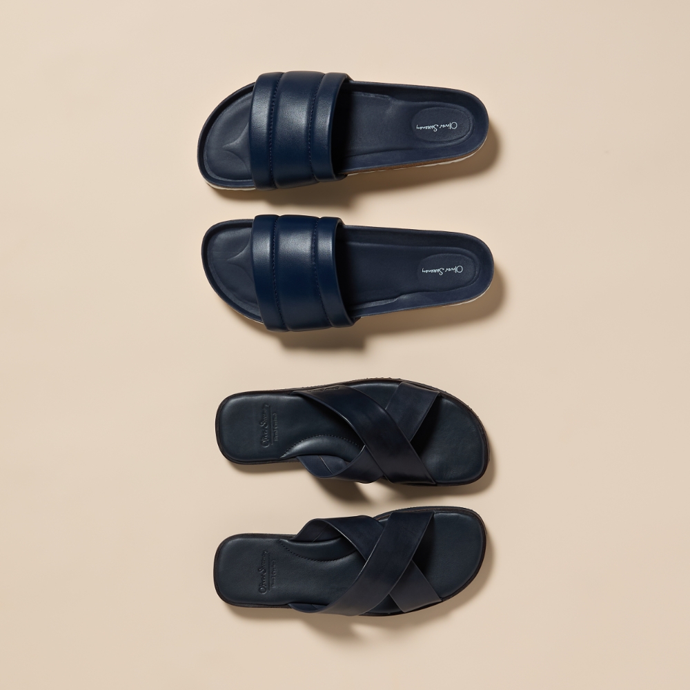 navy calf leather tubular slide and cross strap sandals