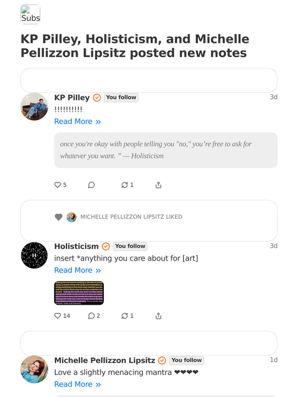 KP Pilley, Holisticism, and Michelle Pellizzon Lipsitz posted new notes
