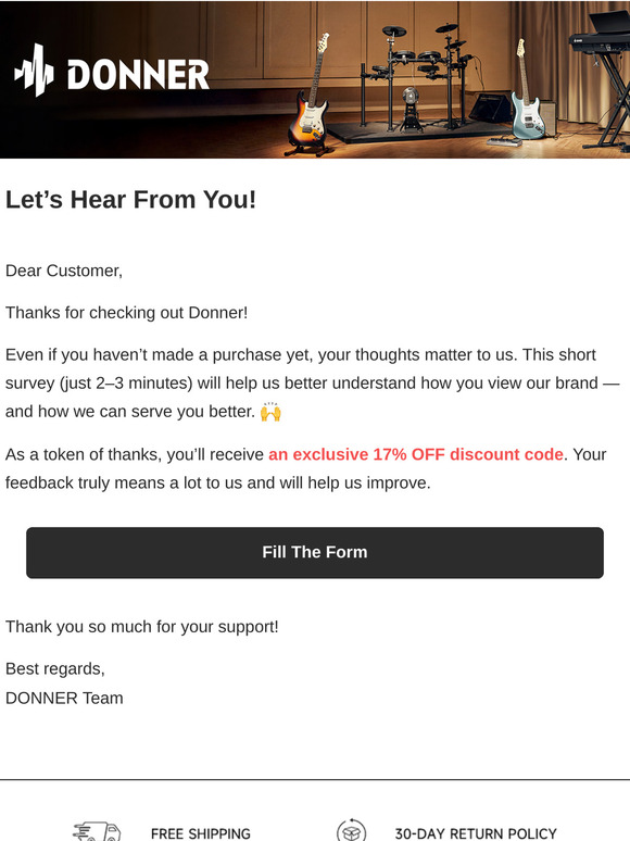 Donner | We'd Love to Hear from You—Get 17% OFF!