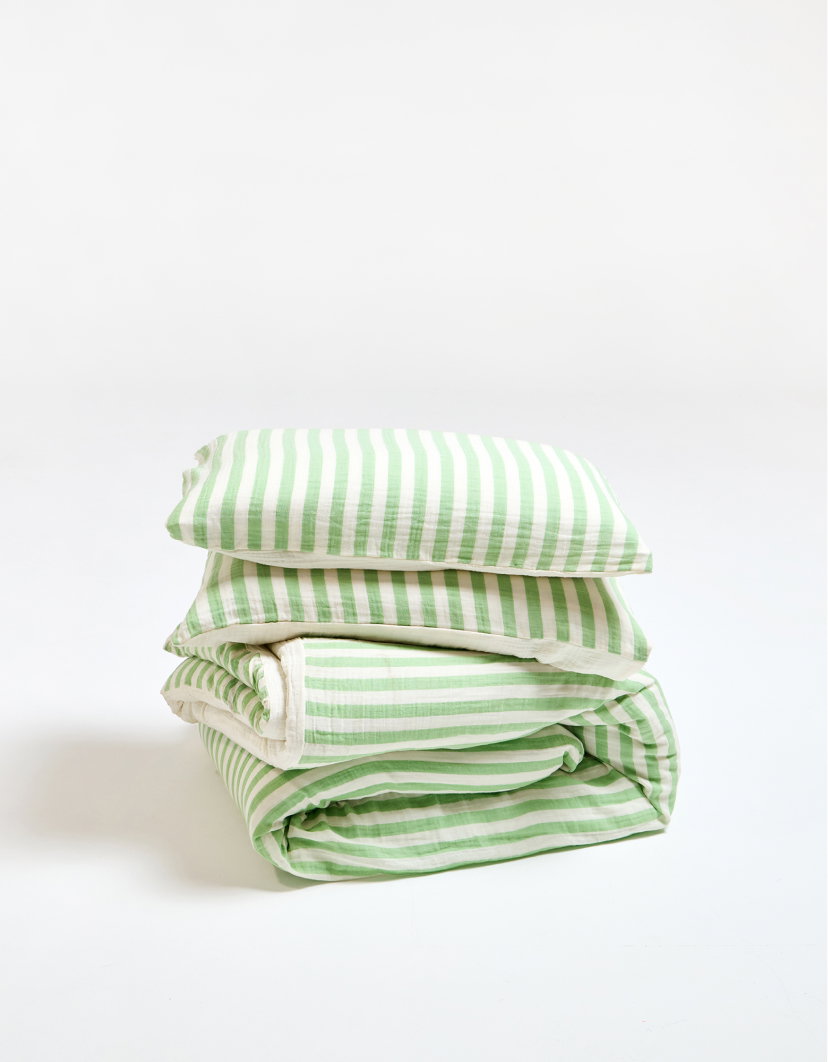 Green Muslin Striped Duvet Cover Set Double