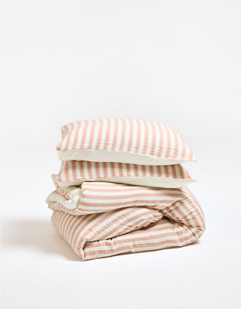 Pink Muslin Striped Duvet Cover Set King