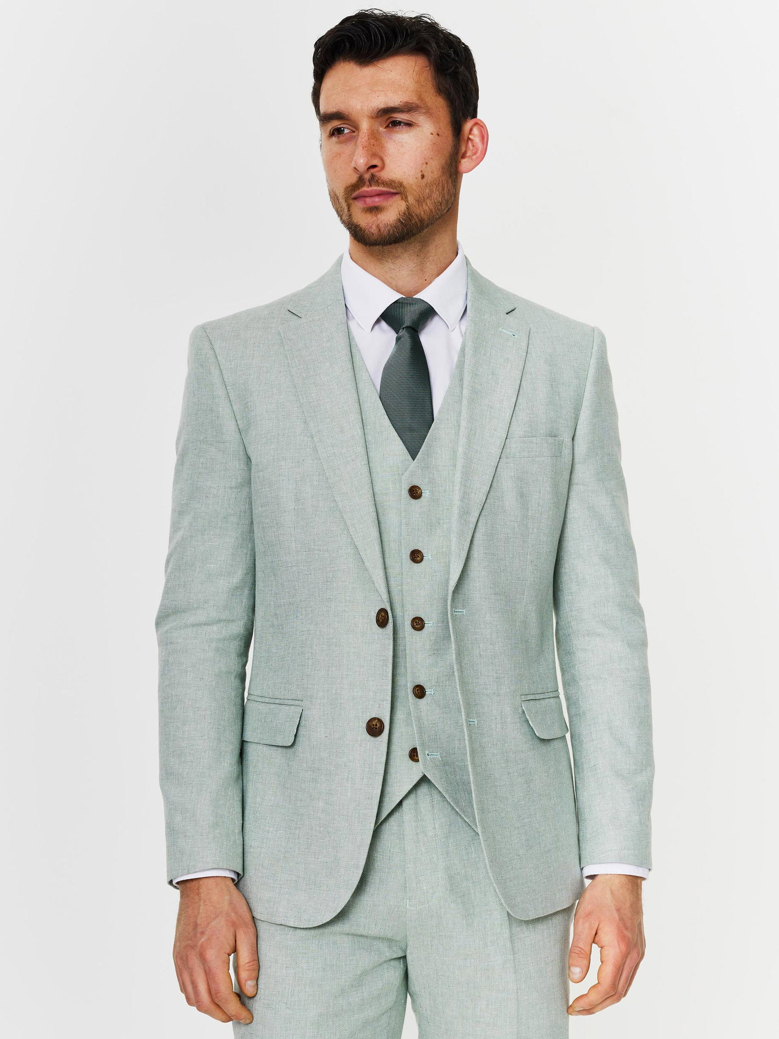 Image of Tailored Fit Light Green Linen Three Piece Suit