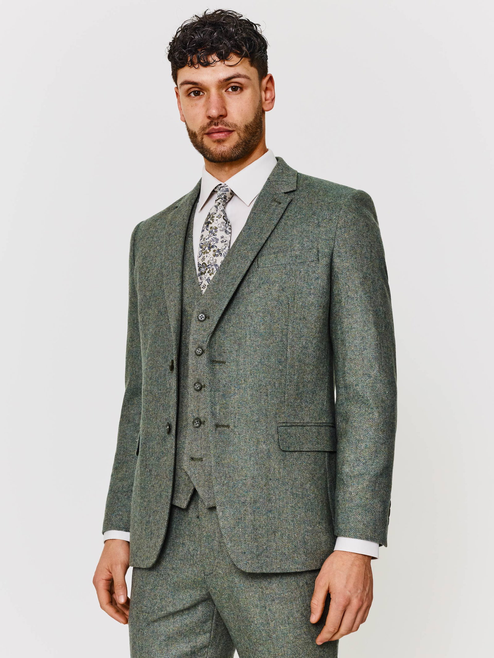 Image of Tailored Fit Green Herringbone Tweed Three Piece Suit