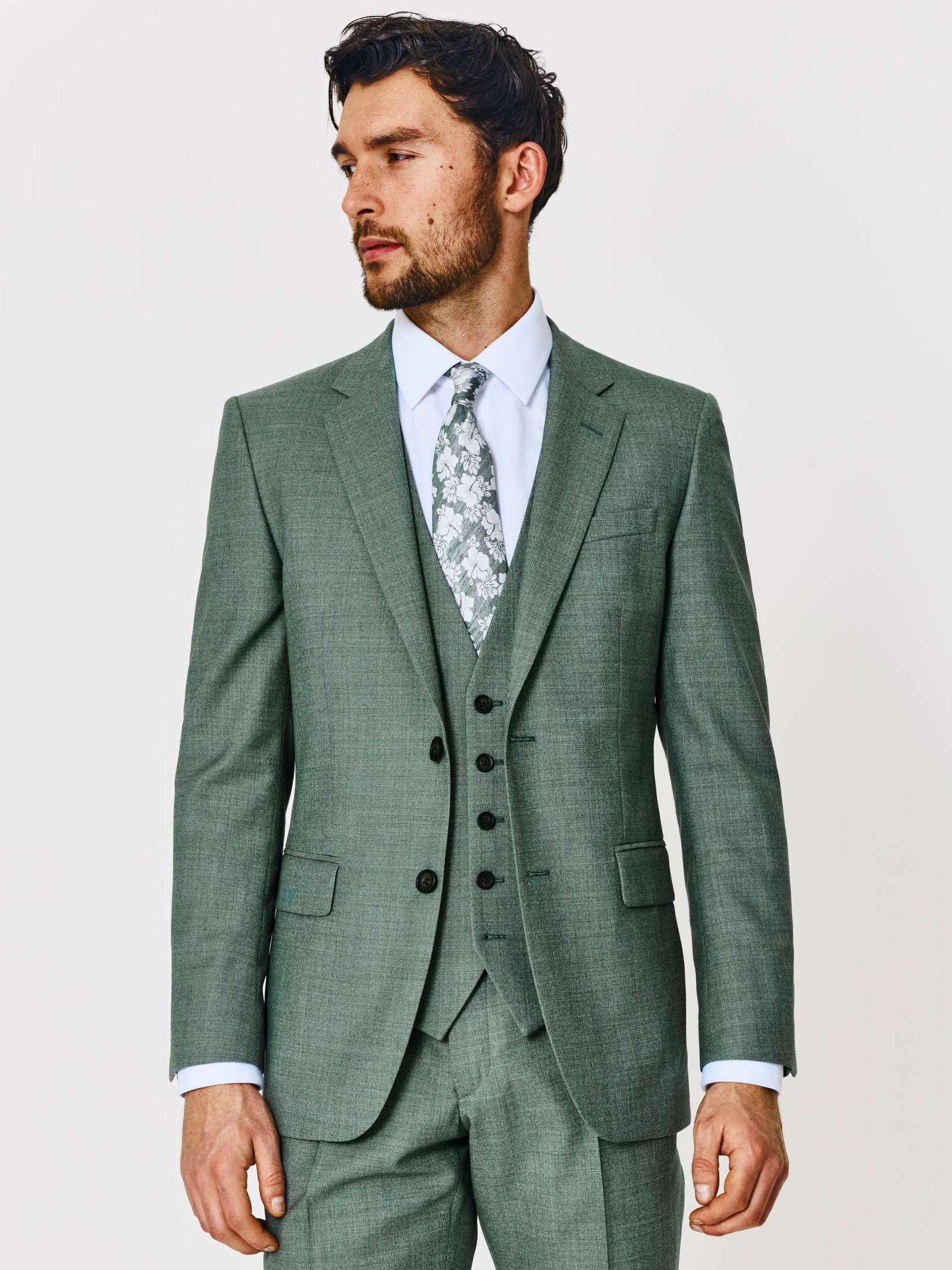Image of Slim Fit Green Textured Three Piece Suit