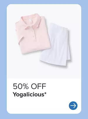 A pink women's polo and white skirt. 50% off Yogalicious.