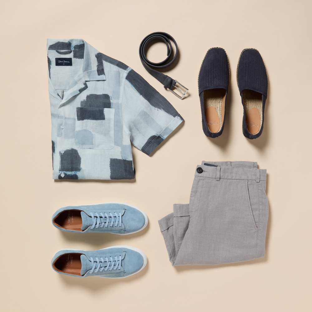 outfit 1 printed shirt with linen shorts and suede trainers