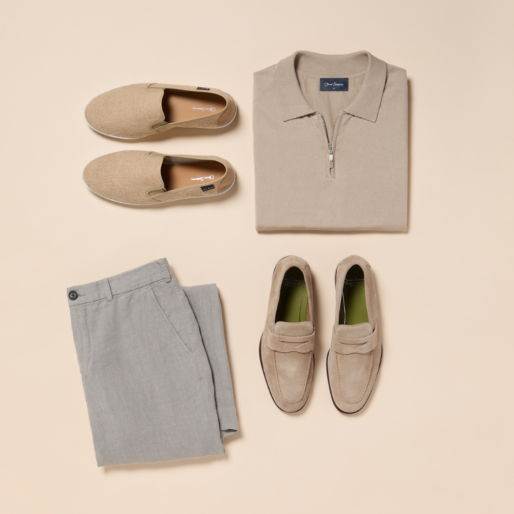 outfit 3 knitted polo shirt with linen trousers and suede penny loafers
