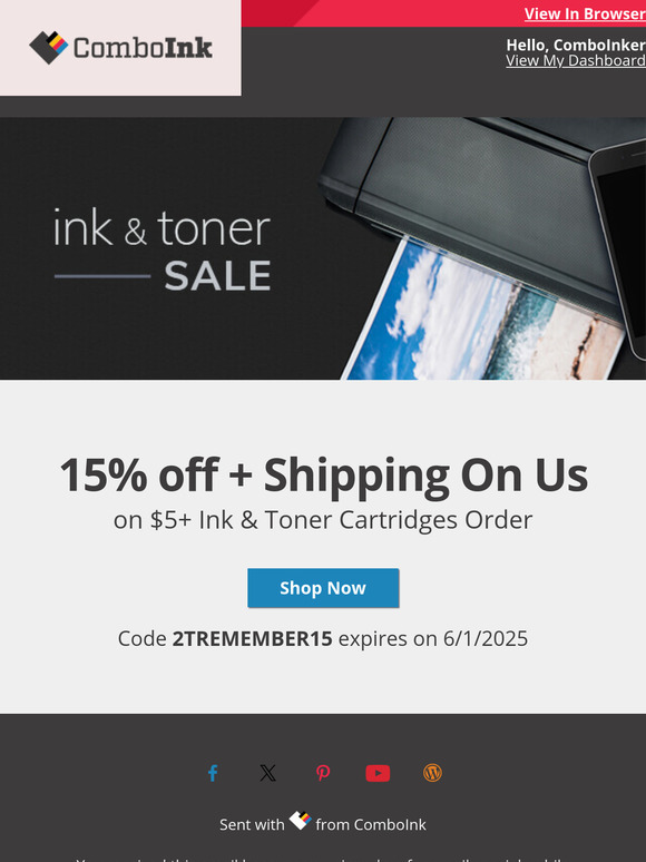 Your  ink order with 15% off is ready now.