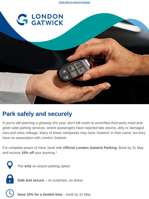 —, enjoy 10% off and stress-free parking at London Gatwick