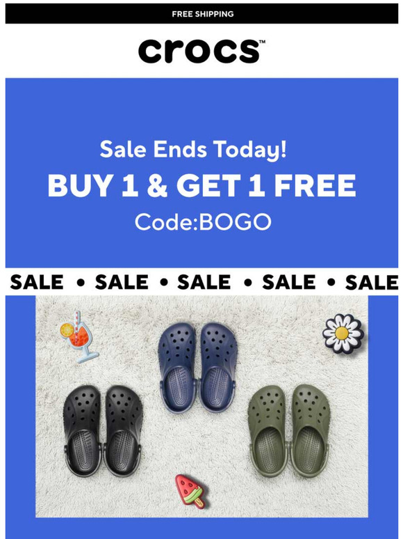 Offer Ends today! Don't miss on BUY 1 GET 1 FREE on Crocs!⏰⏰