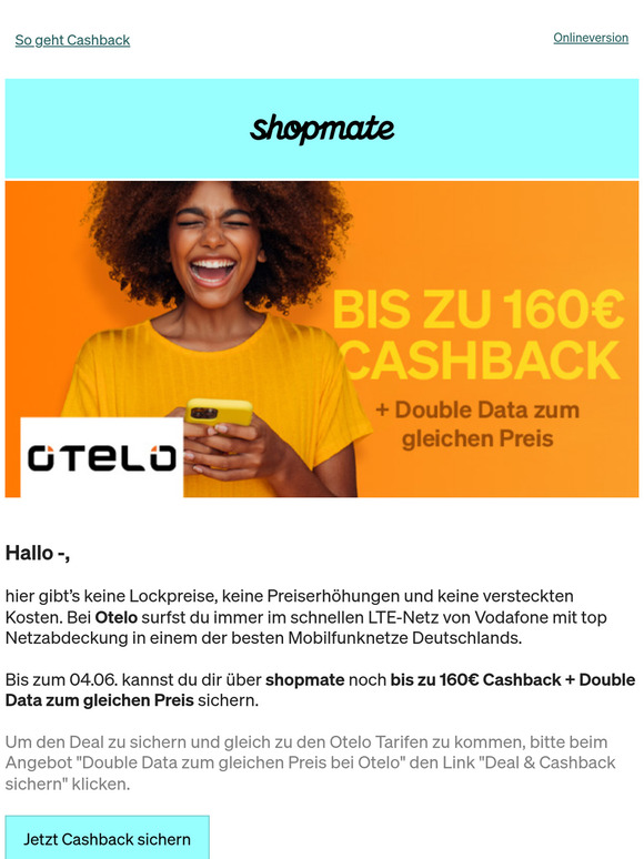 Bis zu 160€ Cashback + Double Data bei Otelo