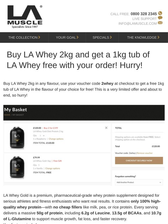 LOOK-> Buy LA Whey 2kg, get a 1kg tub worth £80 free right now