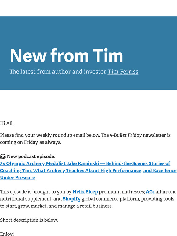 New from Tim — "2x Olympic Archery Medalist Jake Kaminski — Lessons Learned and Mantras Used After 1,000,000 Arrows"