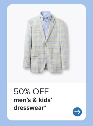 A men's plaid sport coat. 50% off men's and kids' dresswear.