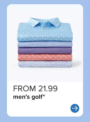A stack of folded men's golf shirts. From 21.99 men's golf.