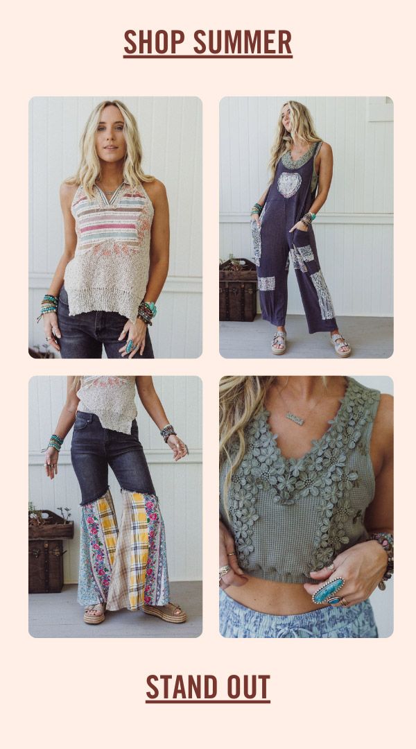 Four-image grid showing unique boho summer outfits: a knit tank with stripes, a patchwork jumpsuit, wide-leg jeans with floral panels, and a textured olive crop top with 3D floral embroidery.