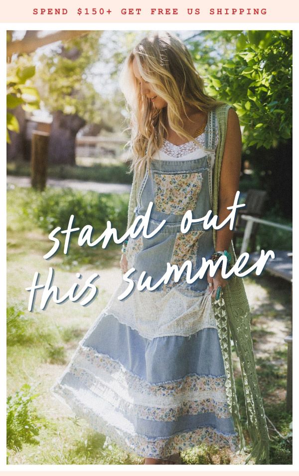 Blonde woman wearing a patchwork maxi dress and crochet vest walks through sunlit greenery with the words "stand out this summer" overlaid.