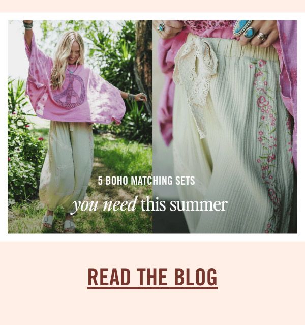 Side-by-side images of a woman in a flowy boho matching set featuring wide-leg embroidered pants and a peace-sign pink top, promoting the blog post “5 boho matching sets you need this summer.”